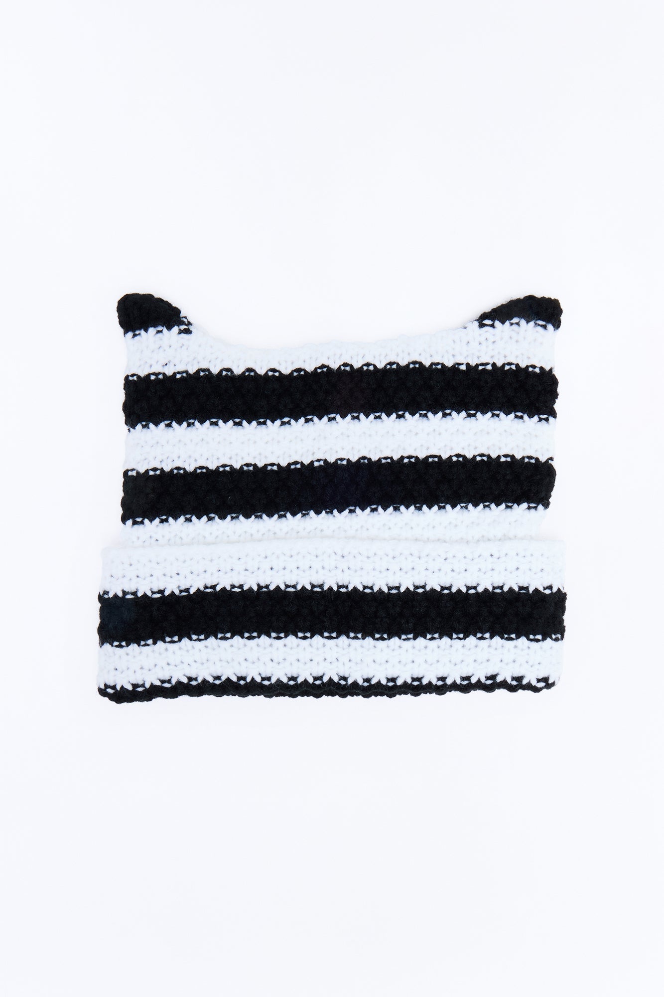 Striped Cat Ears Knit Beanie - Black/combo